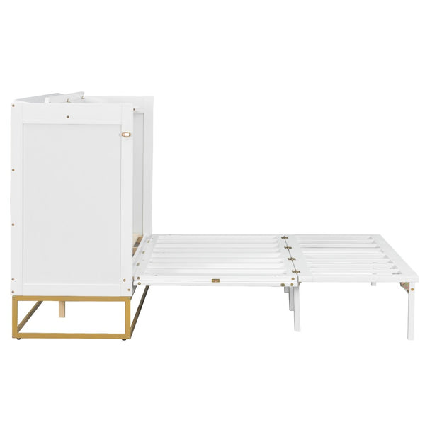 English Elm Queen Murphy Bed Shaker Cabinet Pinewood MDF Gold Iron Legs Space Saving Modern White N820S00035K-1