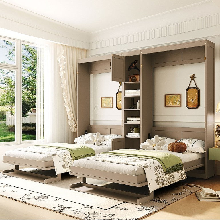 English Elm Dual Twin Murphy Bed Unit with Storage Cabinets and Shelves in Antique Gray Pine N820S00058N