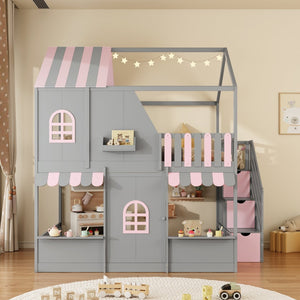 English Elm Full Over Bunk Bed Playhouse Design with Staircase Storage and Open Shelving for Kids Gray+Pink N820S00084E