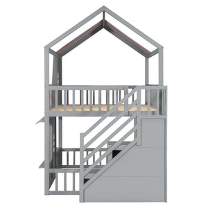 English Elm Full Over Bunk Bed Playhouse Design with Staircase Storage and Open Shelving for Kids Gray+Pink N820S00084E