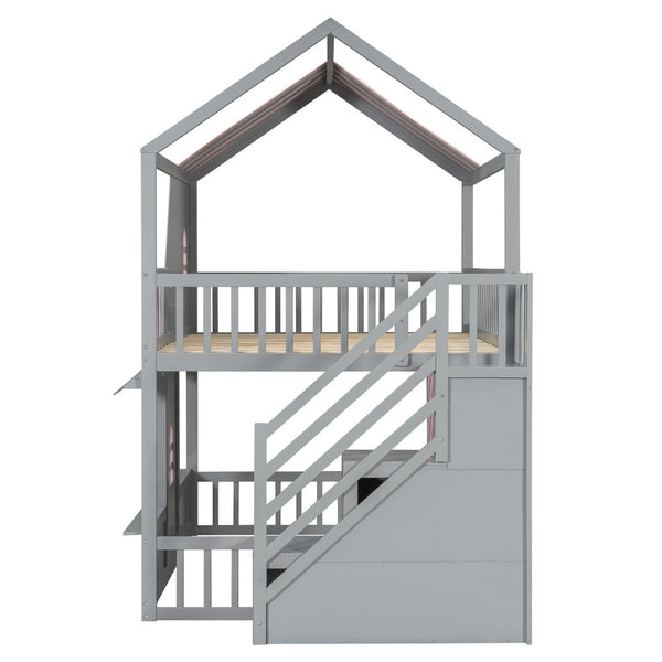 English Elm Full Over Bunk Bed Playhouse Design with Staircase Storage and Open Shelving for Kids Gray+Pink N820S00084E