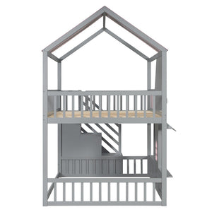 English Elm Full Over Bunk Bed Playhouse Design with Staircase Storage and Open Shelving for Kids Gray+Pink N820S00084E