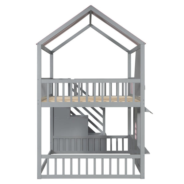English Elm Full Over Bunk Bed Playhouse Design with Staircase Storage and Open Shelving for Kids Gray+Pink N820S00084E