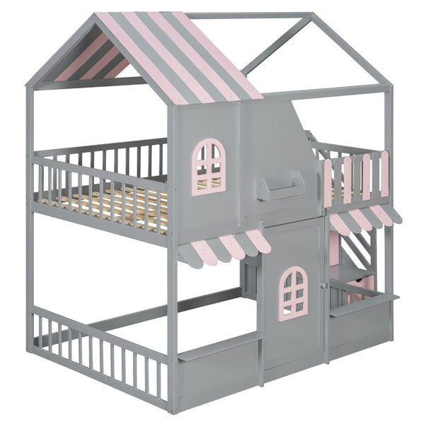 English Elm Full Over Bunk Bed Playhouse Design with Staircase Storage and Open Shelving for Kids Gray+Pink N820S00084E