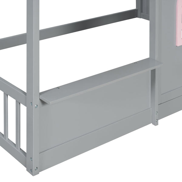 English Elm Full Over Bunk Bed Playhouse Design with Staircase Storage and Open Shelving for Kids Gray+Pink N820S00084E