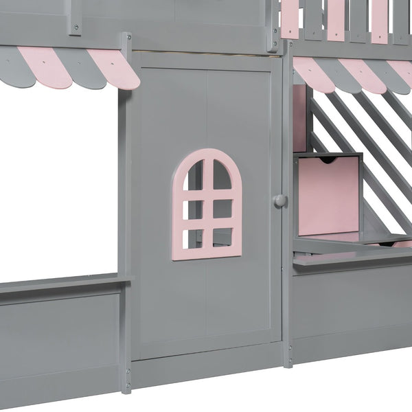 English Elm Full Over Bunk Bed Playhouse Design with Staircase Storage and Open Shelving for Kids Gray+Pink N820S00084E
