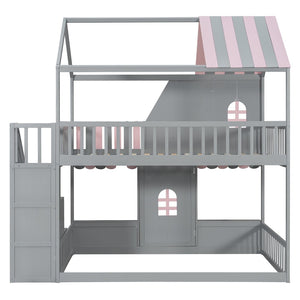English Elm Full Over Bunk Bed Playhouse Design with Staircase Storage and Open Shelving for Kids Gray+Pink N820S00084E