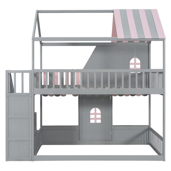 English Elm Full Over Bunk Bed Playhouse Design with Staircase Storage and Open Shelving for Kids Gray+Pink N820S00084E