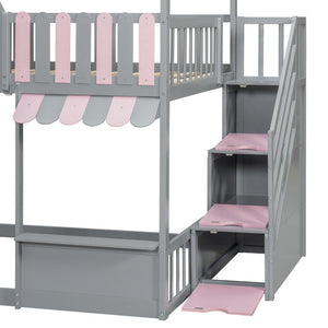 English Elm Full Over Bunk Bed Playhouse Design with Staircase Storage and Open Shelving for Kids Gray+Pink N820S00084E