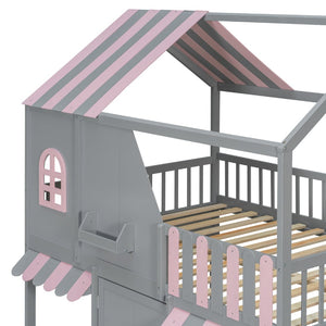 English Elm Full Over Bunk Bed Playhouse Design with Staircase Storage and Open Shelving for Kids Gray+Pink N820S00084E