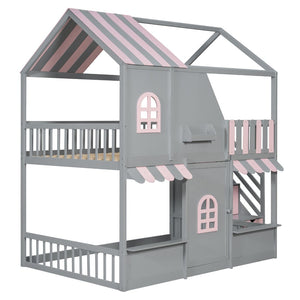 English Elm Full Over Bunk Bed Playhouse Design with Staircase Storage and Open Shelving for Kids Gray+Pink N820S00084E