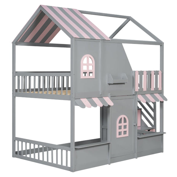 English Elm Full Over Bunk Bed Playhouse Design with Staircase Storage and Open Shelving for Kids Gray+Pink N820S00084E