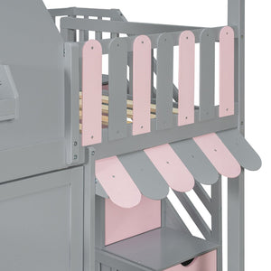 English Elm Full Over Bunk Bed Playhouse Design with Staircase Storage and Open Shelving for Kids Gray+Pink N820S00084E