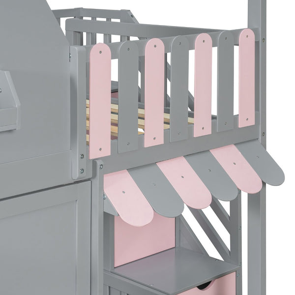 English Elm Full Over Bunk Bed Playhouse Design with Staircase Storage and Open Shelving for Kids Gray+Pink N820S00084E
