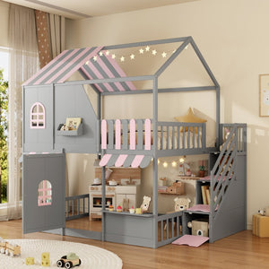English Elm Full Over Bunk Bed Playhouse Design with Staircase Storage and Open Shelving for Kids Gray+Pink N820S00084E