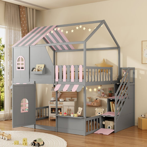 English Elm Full Over Bunk Bed Playhouse Design with Staircase Storage and Open Shelving for Kids Gray+Pink N820S00084E