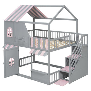 English Elm Full Over Bunk Bed Playhouse Design with Staircase Storage and Open Shelving for Kids Gray+Pink N820S00084E