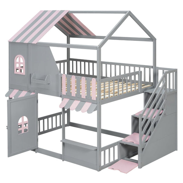 English Elm Full Over Bunk Bed Playhouse Design with Staircase Storage and Open Shelving for Kids Gray+Pink N820S00084E