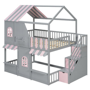 English Elm Full Over Bunk Bed Playhouse Design with Staircase Storage and Open Shelving for Kids Gray+Pink N820S00084E