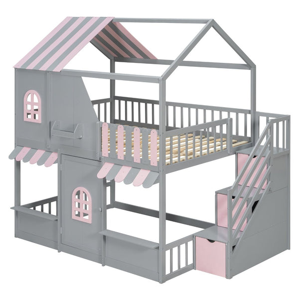 English Elm Full Over Bunk Bed Playhouse Design with Staircase Storage and Open Shelving for Kids Gray+Pink N820S00084E