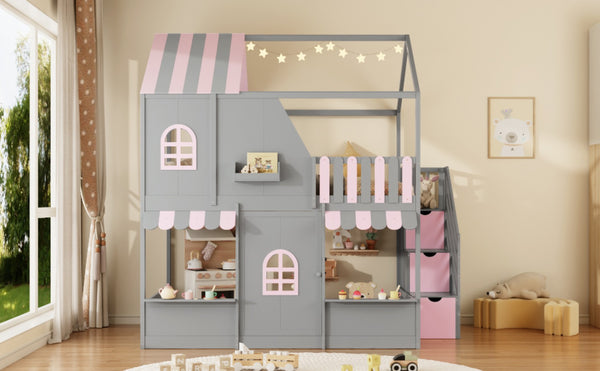 English Elm Full Over Bunk Bed Playhouse Design with Staircase Storage and Open Shelving for Kids Gray+Pink N820S00084E