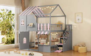 English Elm Full Over Bunk Bed Playhouse Design with Staircase Storage and Open Shelving for Kids Gray+Pink N820S00084E