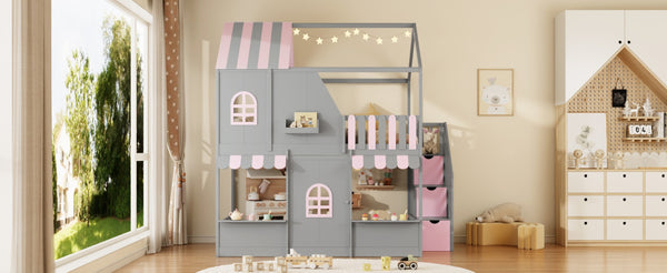 English Elm Full Over Bunk Bed Playhouse Design with Staircase Storage and Open Shelving for Kids Gray+Pink N820S00084E
