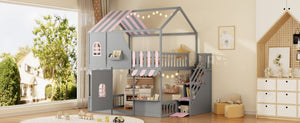 English Elm Full Over Bunk Bed Playhouse Design with Staircase Storage and Open Shelving for Kids Gray+Pink N820S00084E