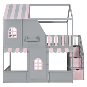 English Elm Full Over Bunk Bed Playhouse Design with Staircase Storage and Open Shelving for Kids Gray+Pink N820S00084E