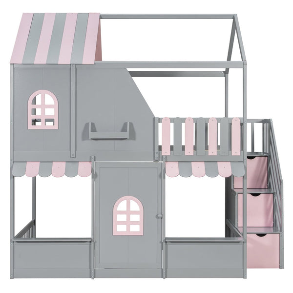 English Elm Full Over Bunk Bed Playhouse Design with Staircase Storage and Open Shelving for Kids Gray+Pink N820S00084E