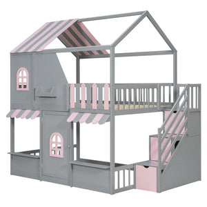 English Elm Full Over Bunk Bed Playhouse Design with Staircase Storage and Open Shelving for Kids Gray+Pink N820S00084E