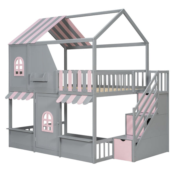 English Elm Full Over Bunk Bed Playhouse Design with Staircase Storage and Open Shelving for Kids Gray+Pink N820S00084E