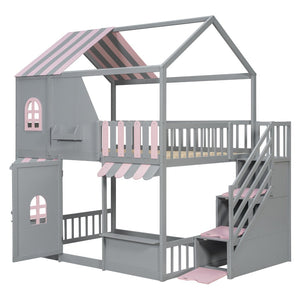 English Elm Full Over Bunk Bed Playhouse Design with Staircase Storage and Open Shelving for Kids Gray+Pink N820S00084E