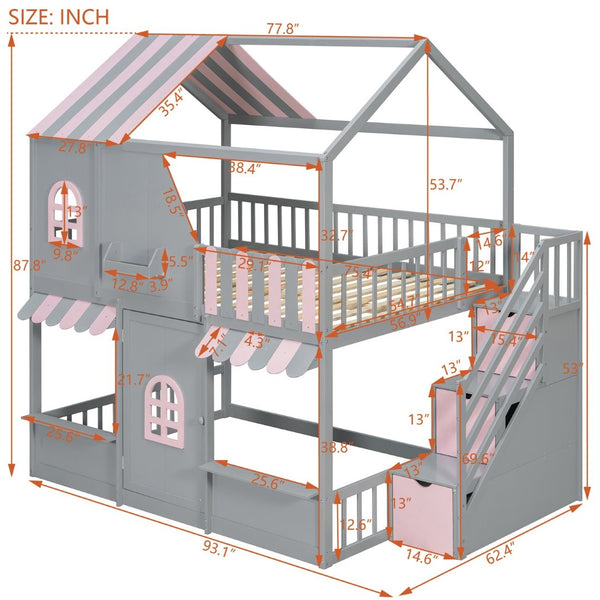 English Elm Full Over Bunk Bed Playhouse Design with Staircase Storage and Open Shelving for Kids Gray+Pink N820S00084E