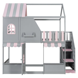 English Elm Full Over Bunk Bed Playhouse Design with Staircase Storage and Open Shelving for Kids Gray+Pink N820S00084E