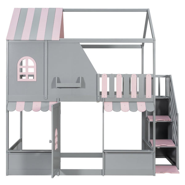 English Elm Full Over Bunk Bed Playhouse Design with Staircase Storage and Open Shelving for Kids Gray+Pink N820S00084E