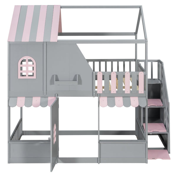 English Elm Full Over Bunk Bed Playhouse Design with Staircase Storage and Open Shelving for Kids Gray+Pink N820S00084E