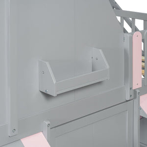 English Elm Full Over Bunk Bed Playhouse Design with Staircase Storage and Open Shelving for Kids Gray+Pink N820S00084E
