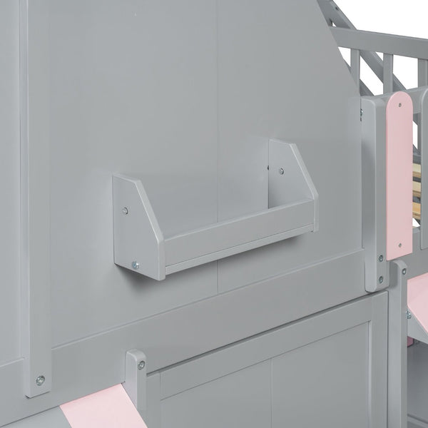 English Elm Full Over Bunk Bed Playhouse Design with Staircase Storage and Open Shelving for Kids Gray+Pink N820S00084E