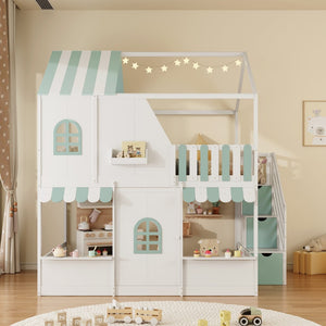 English Elm Full Over Bunk Bed Playhouse Design with Staircase Storage and Open Shelving for Kids White+Mint Green N820S00084F