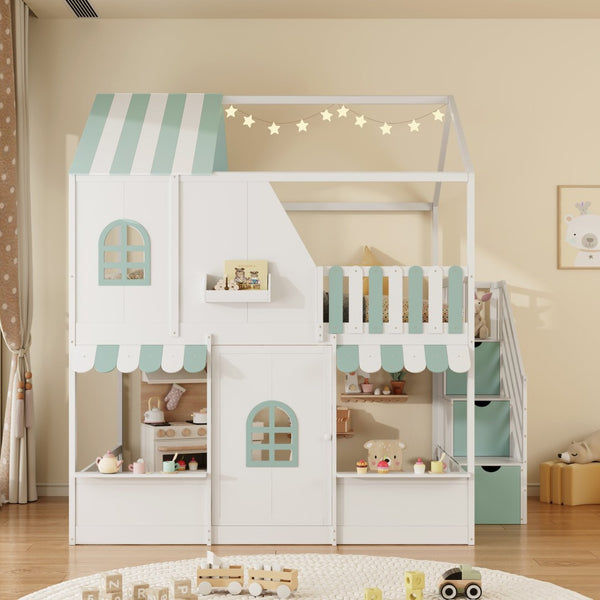 English Elm Full Over Bunk Bed Playhouse Design with Staircase Storage and Open Shelving for Kids White+Mint Green N820S00084F