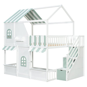 English Elm Full Over Bunk Bed Playhouse Design with Staircase Storage and Open Shelving for Kids White+Mint Green N820S00084F