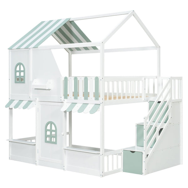 English Elm Full Over Bunk Bed Playhouse Design with Staircase Storage and Open Shelving for Kids White+Mint Green N820S00084F