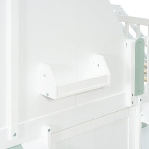 English Elm Full Over Bunk Bed Playhouse Design with Staircase Storage and Open Shelving for Kids White+Mint Green N820S00084F