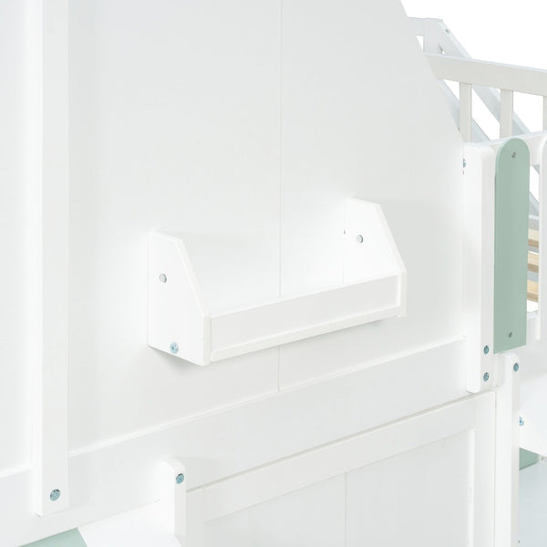 English Elm Full Over Bunk Bed Playhouse Design with Staircase Storage and Open Shelving for Kids White+Mint Green N820S00084F