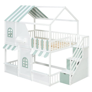 English Elm Full Over Bunk Bed Playhouse Design with Staircase Storage and Open Shelving for Kids White+Mint Green N820S00084F