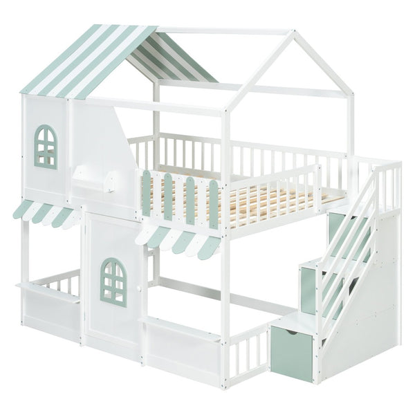 English Elm Full Over Bunk Bed Playhouse Design with Staircase Storage and Open Shelving for Kids White+Mint Green N820S00084F