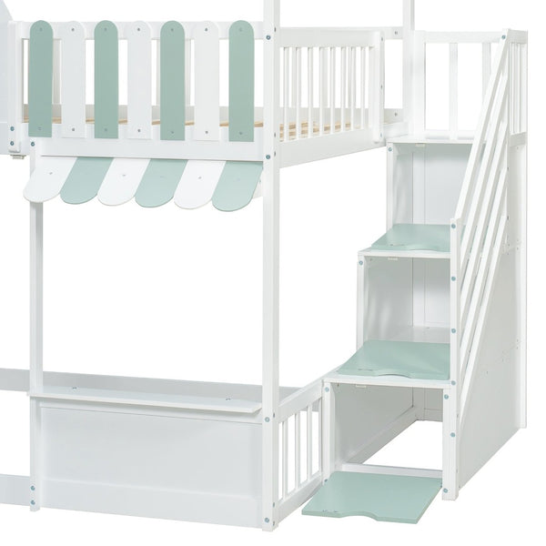 English Elm Full Over Bunk Bed Playhouse Design with Staircase Storage and Open Shelving for Kids White+Mint Green N820S00084F