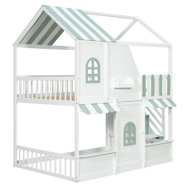 English Elm Full Over Bunk Bed Playhouse Design with Staircase Storage and Open Shelving for Kids White+Mint Green N820S00084F