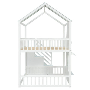 English Elm Full Over Bunk Bed Playhouse Design with Staircase Storage and Open Shelving for Kids White+Mint Green N820S00084F